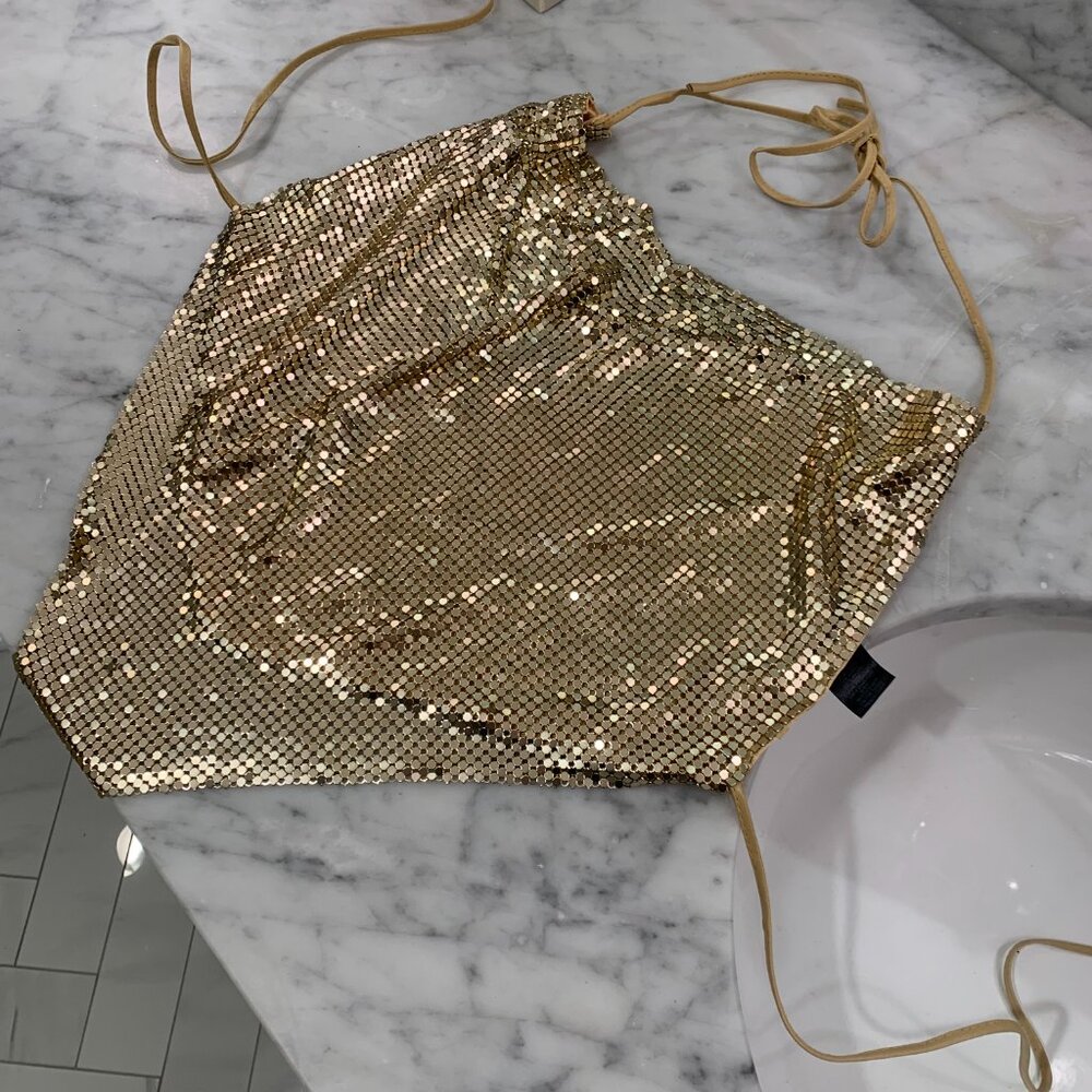 Draped Collar Backless Bandana Hem Crop Metallic Gold Halter Top Dressy